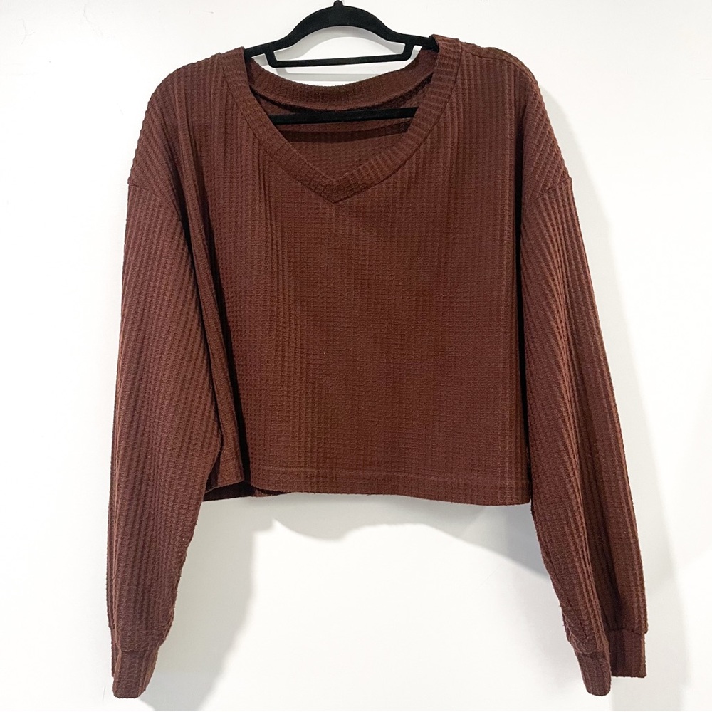 Plus Solid V-Neck Waffle Knit Long Sleeve Tee - Coffee Brown - Size 2X